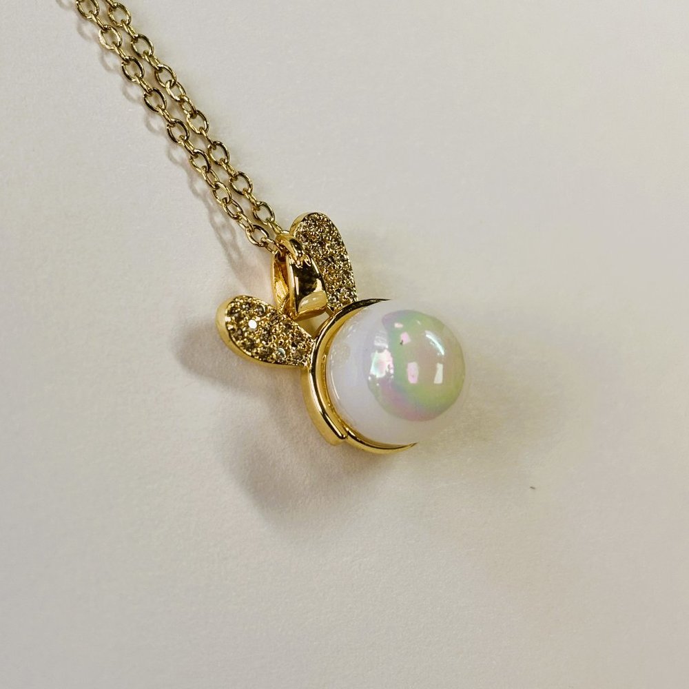 Gold Zircon and Pearl Long Ear Pendant Necklace